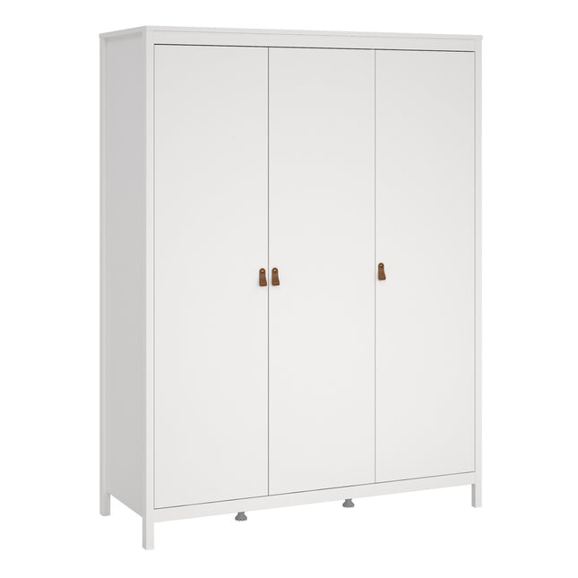 Three-door wardrobe in white with smooth finish and brown leather handles. Sturdy base with adjustable feet