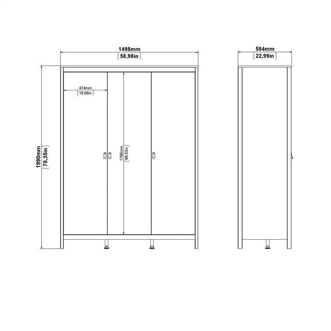 Three-door wardrobe with a flat front, metal handles, and a clean white finish. Dimensions are displayed on the side