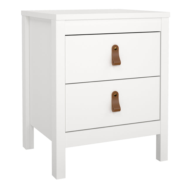 White bedside table with two drawers featuring brown leather pull handles. Simple, square design with a flat top