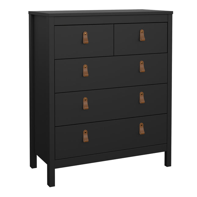 Chest of drawers in black with five drawers and leather strap handles. Simple, modern design with a flat top