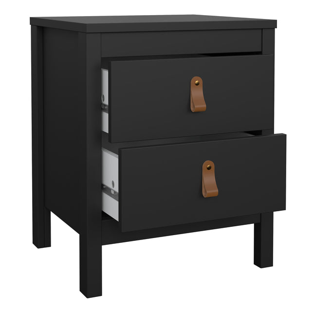 Bedside table with two drawers, featuring leather pull handles and a sleek black finish