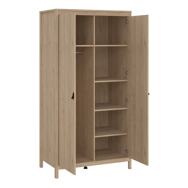 Two-door wardrobe with a light wood finish, featuring multiple shelves and a hanging rail inside