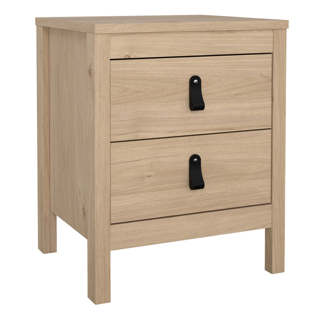 Square bedside table in light oak finish with two drawers and black metal handles