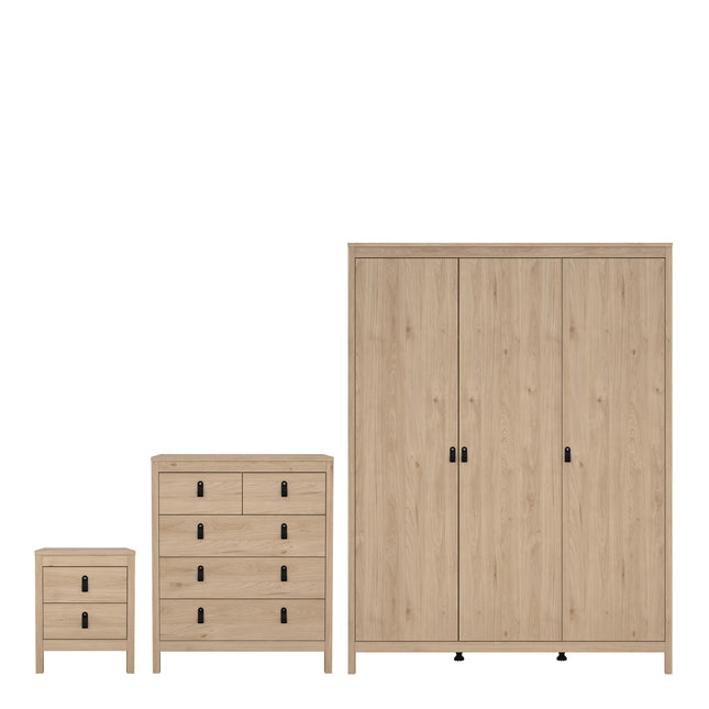 Three-piece furniture set including a bedside table, a chest of drawers, and a three-door wardrobe in light wood finish
