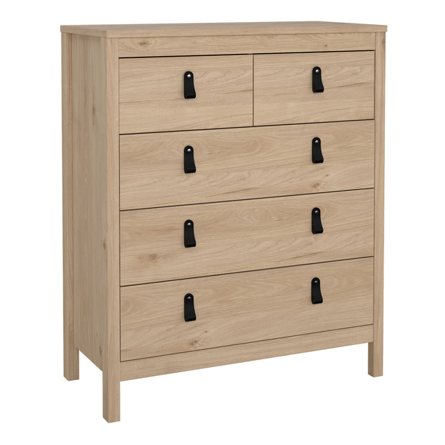 Chest of drawers with five spacious drawers, light wood finish, and black metal handles