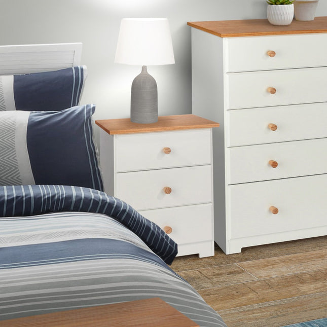 Painted - 3 Drawer Bedside Cabinet - Soft White - Oak Top