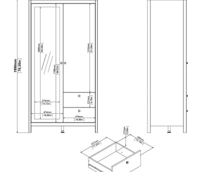 Madrid - Wardrobe with 1 Door + 1 Mirror Door + 2 Drawers