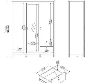 Madrid - Wardrobe with 2 Doors + 1 Mirror Door + 2 Drawers