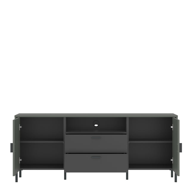 TV cabinet with two doors and two drawers, featuring a sleek grey finish and open shelving for storage