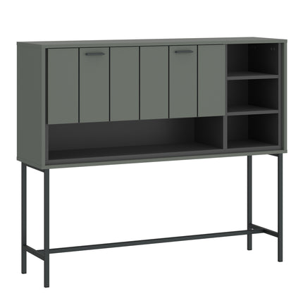 Sideboard with four cabinet doors and open shelving, featuring a dark grey finish and black metal legs