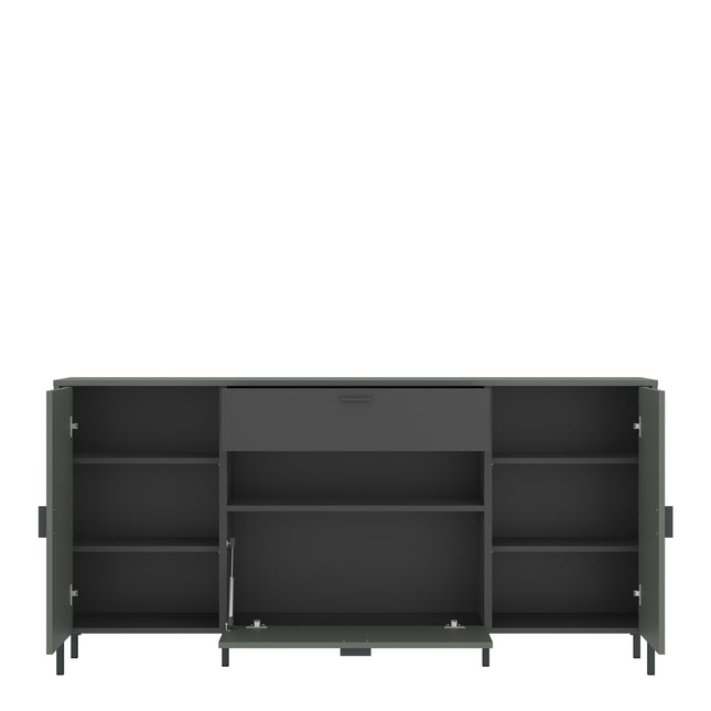Wide sideboard with two doors, one flap, and a central drawer, featuring a dark green finish and sleek metal handles