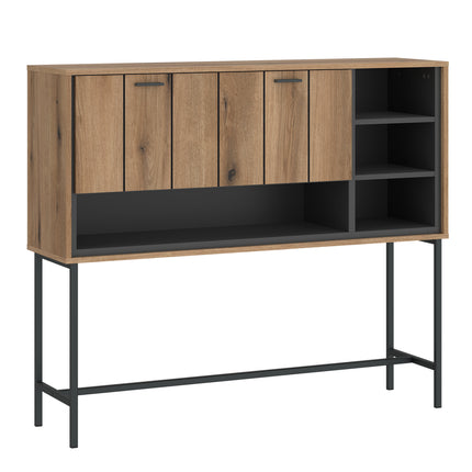 Sideboard with four wooden doors and open shelving, featuring a natural wood finish and black metal legs