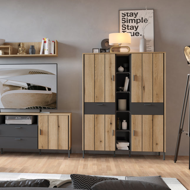 Tall cabinet with four doors and two drawers, featuring a mix of oak wood and dark grey finishes