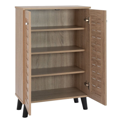 Open Essentials Compact 2 Door Shoe Cabinet interior with three adjustable shelves and woven-effect door detail