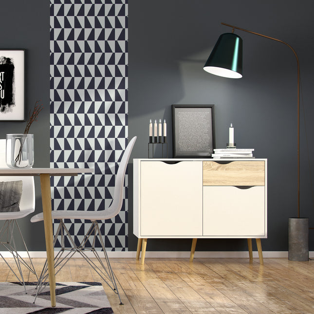 Small sideboard with one drawer and two doors, featuring a light wood top and white body, set on tapered wooden legs