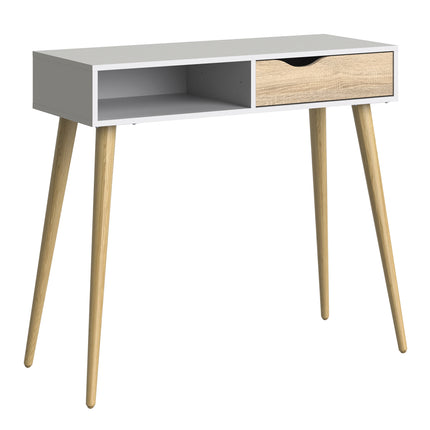 Console table with one wooden drawer and an open shelf, featuring light wood legs and a white finish