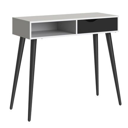 Console table with one drawer and an open shelf, featuring a white finish and black drawer, supported by slender black legs