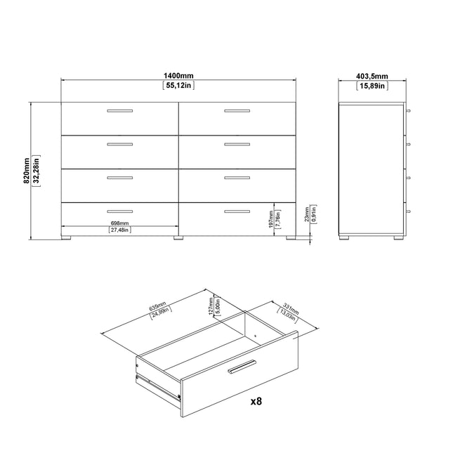Pepe Wide Chest of 8 Drawers (4+4) | Choice of Oak & White Gloss, Walnut or White