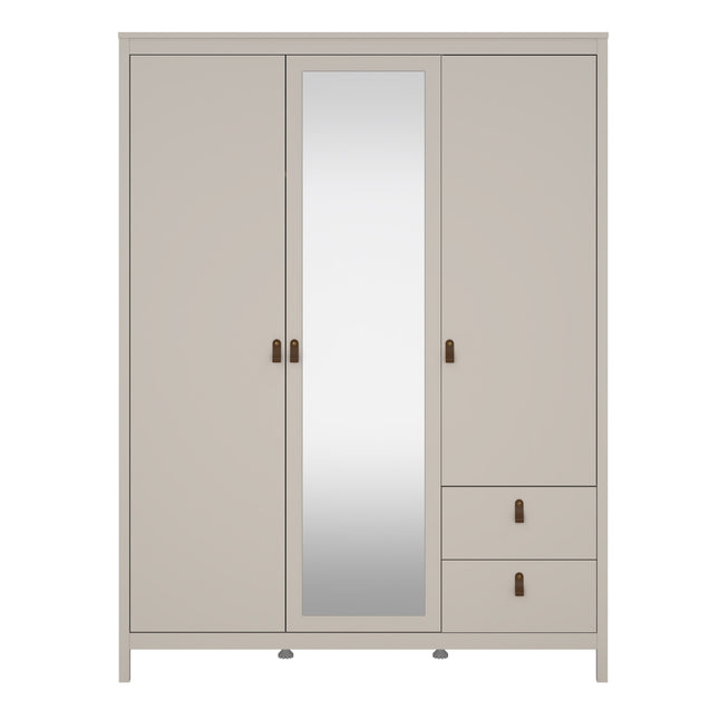 Wardrobe with two doors, one mirrored door, and two drawers, finished in a soft beige with dark handles