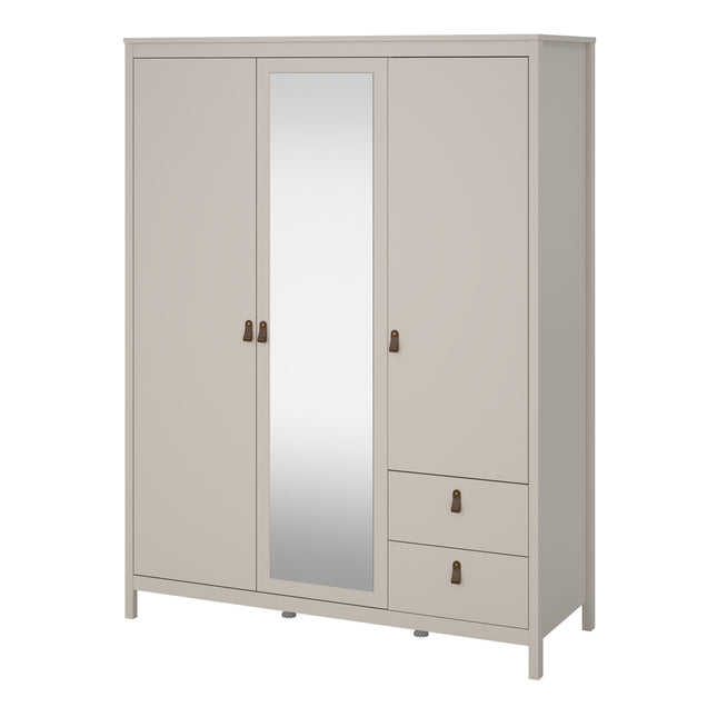 Wardrobe with two doors, one mirrored door, and two drawers, finished in a light grey colour with bronze handles