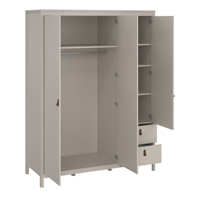 Wardrobe with two hinged doors, one mirror door, two drawers, and internal shelving in a light beige finish