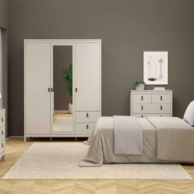 Wardrobe with two doors, one mirrored door, and two drawers, finished in light grey with brown handles