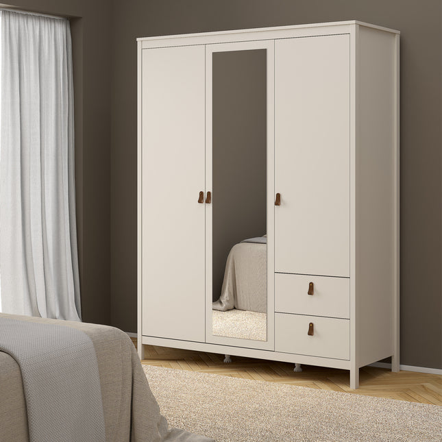 Wardrobe with two doors, one mirrored door, and two drawers, finished in light cream with wooden handles