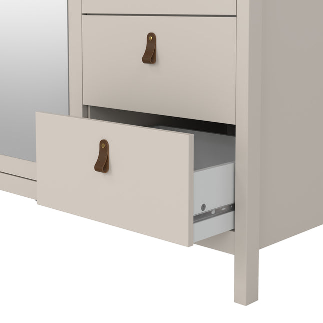 Wardrobe with two doors, one mirrored, and two drawers featuring brown leather handles, in a light beige finish