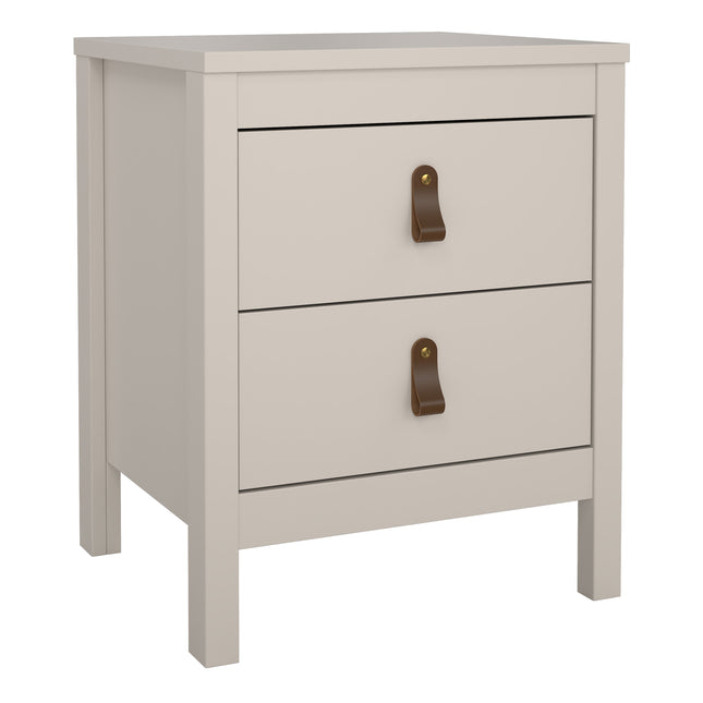Square bedside table with two drawers, featuring leather pull handles and a smooth, light grey finish