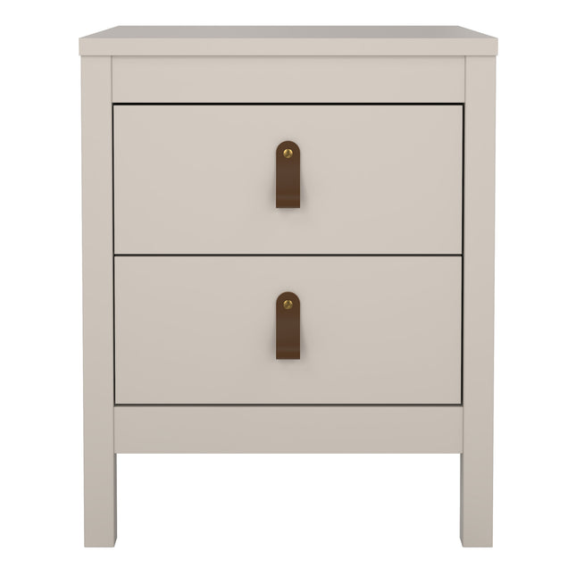 Two-drawer bedside table in soft beige with brown leather handles and a smooth top surface