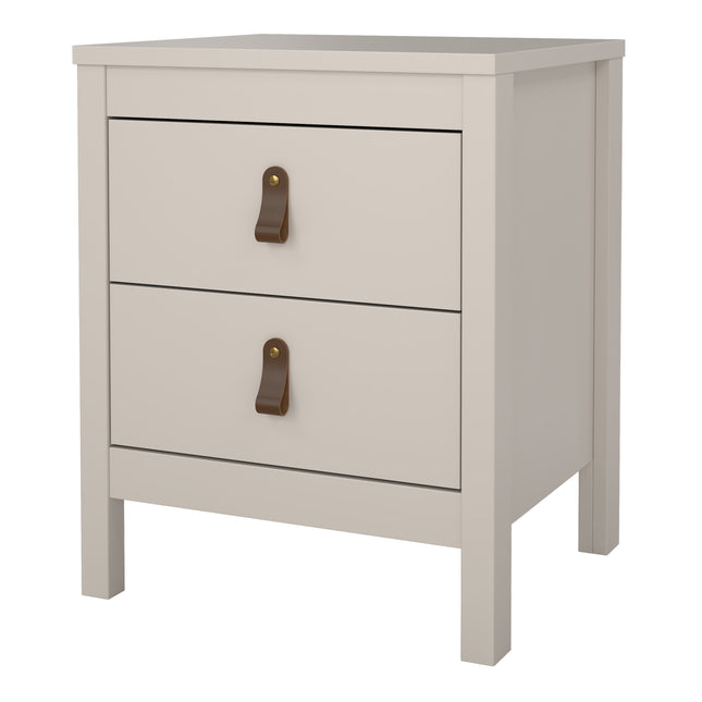 Square bedside table with two drawers, featuring leather pull handles and a smooth light grey finish