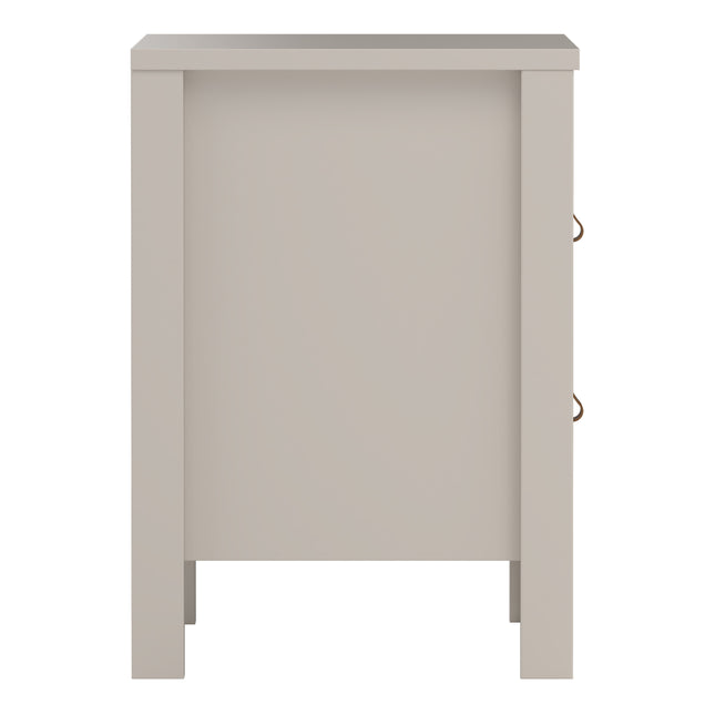Square bedside table with two drawers, featuring a smooth surface and subtle beige finish, complemented by round brass