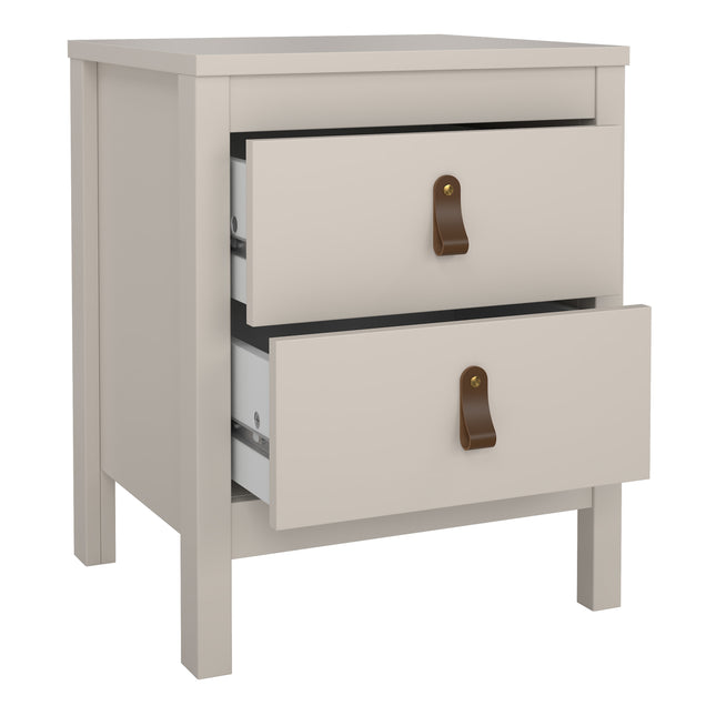 Square bedside table with two drawers, featuring leather pull handles and a smooth, light grey finish