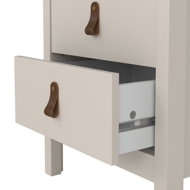Bedside table with two drawers, featuring a light beige finish and brown leather pull handles