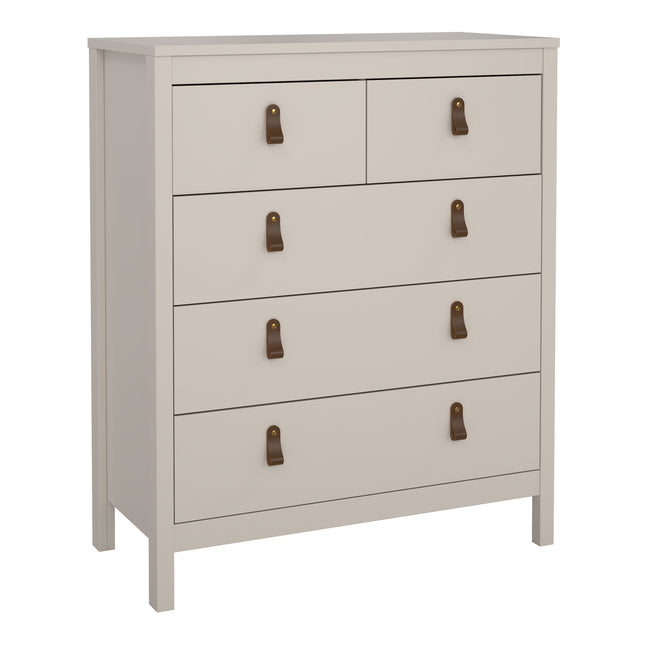 Chest of drawers with five compartments, featuring a light grey finish and brown leather strap handles