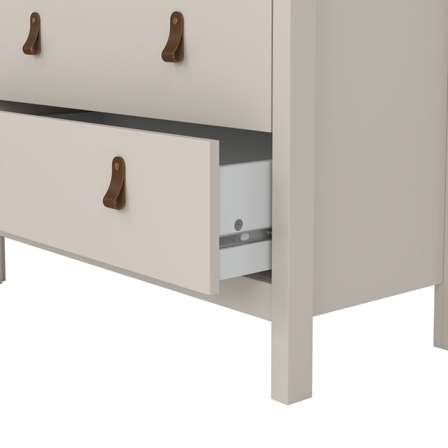 Chest of drawers with two open drawers, featuring leather strap handles and a smooth, light-coloured finish