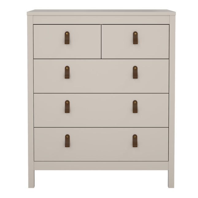 Chest of drawers with three large and two smaller drawers, finished in light grey with brown leather handles