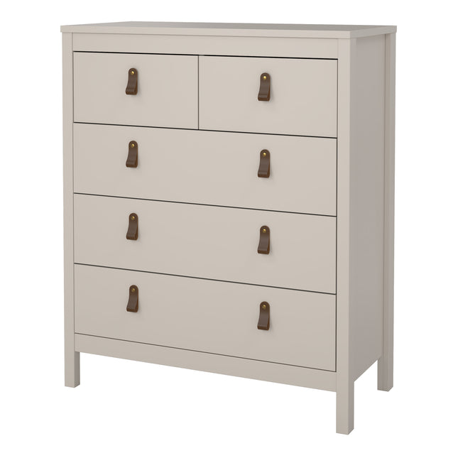 Chest of drawers with three large and two smaller drawers, finished in light grey with brown leather handles