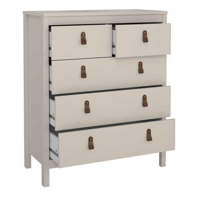 Chest of drawers with three large and two smaller drawers, featuring leather strap handles and a light grey finish