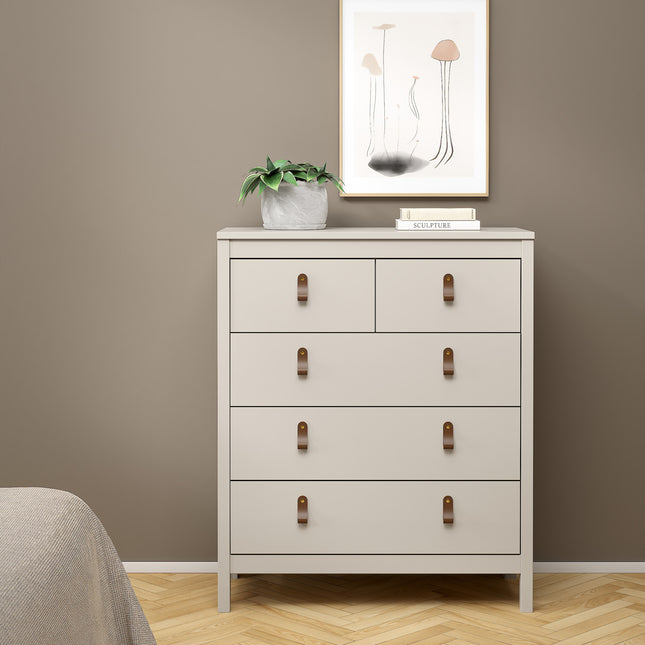 Chest of drawers with three upper drawers and two larger lower drawers, finished in light grey with leather pull handles
