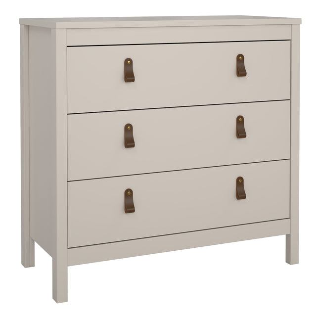 Three-drawer chest in light grey with leather strap handles and a smooth finish