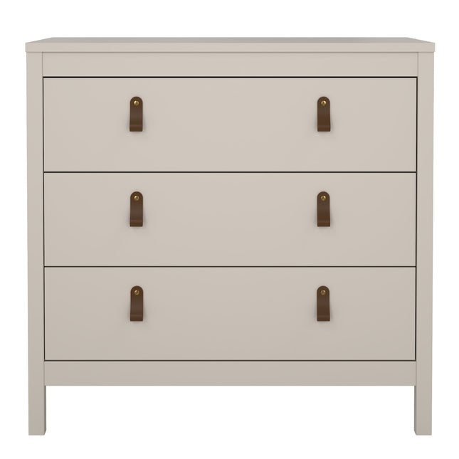 Three-drawer chest in light grey with leather strap handles and a smooth finish