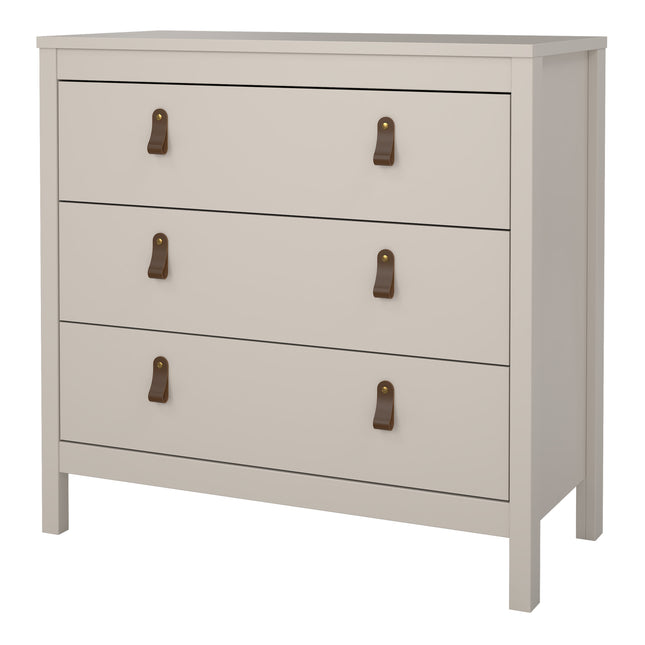 Three-drawer chest in light grey with leather strap handles and a smooth top surface