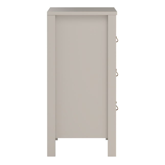 Tall chest with three drawers, featuring a smooth grey finish and decorative metal handles
