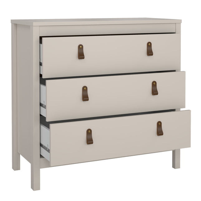 Chest of three drawers in light grey with leather strap handles and a smooth finish