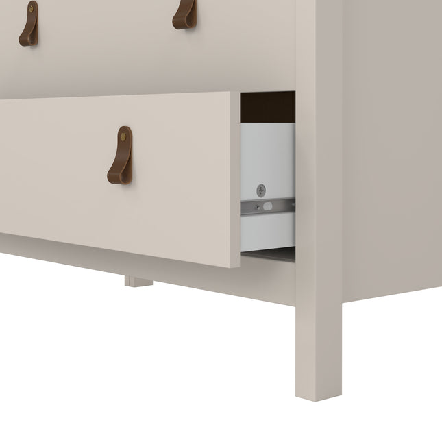 Chest of drawers with three front-facing drawers, featuring leather strap handles and a smooth, light-coloured finish