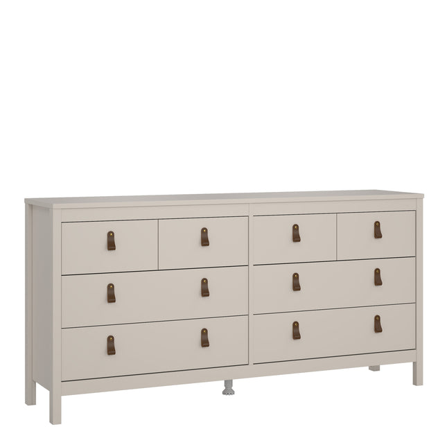 Double dresser with eight drawers, featuring a light grey finish and brown leather strap handles