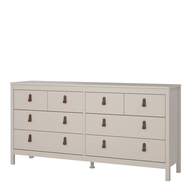 Double dresser with four large drawers and four smaller drawers, finished in light grey with brown leather handles