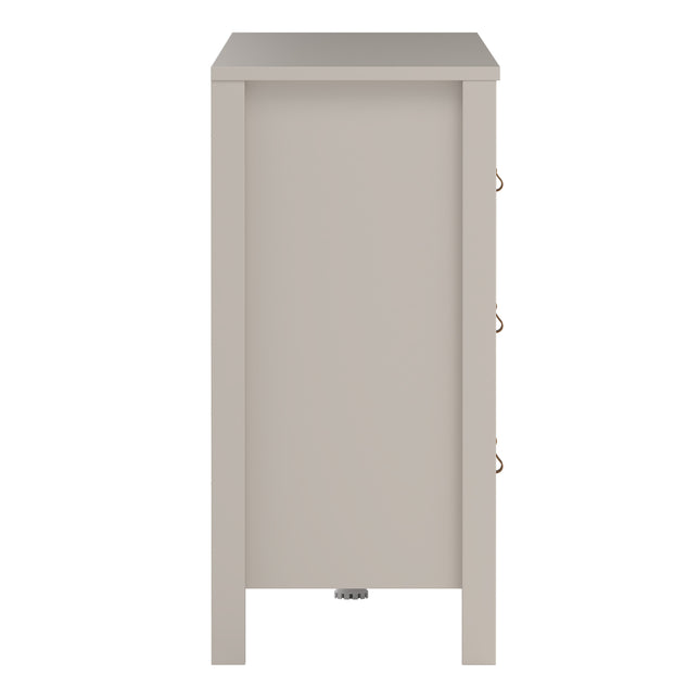 Tall, narrow dresser in soft grey with three drawers and simple metal handles