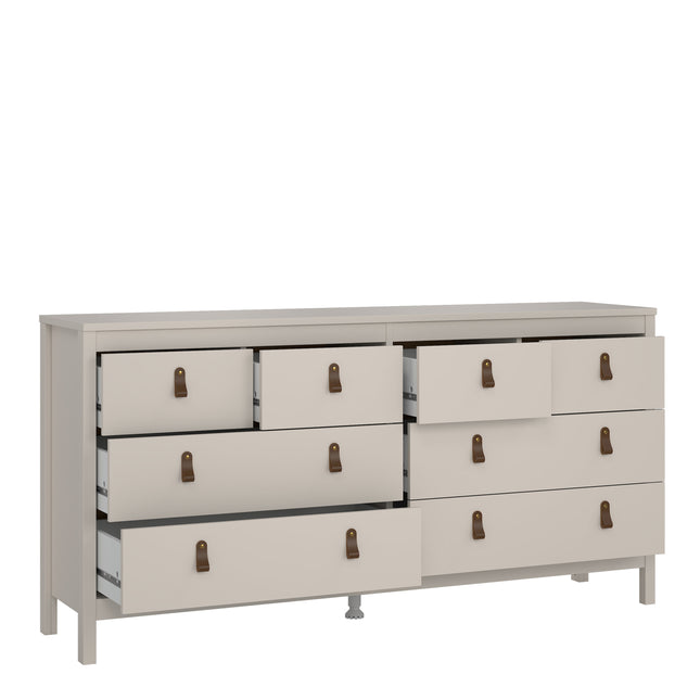 Double dresser with eight drawers, featuring a light grey finish and brown leather strap handles